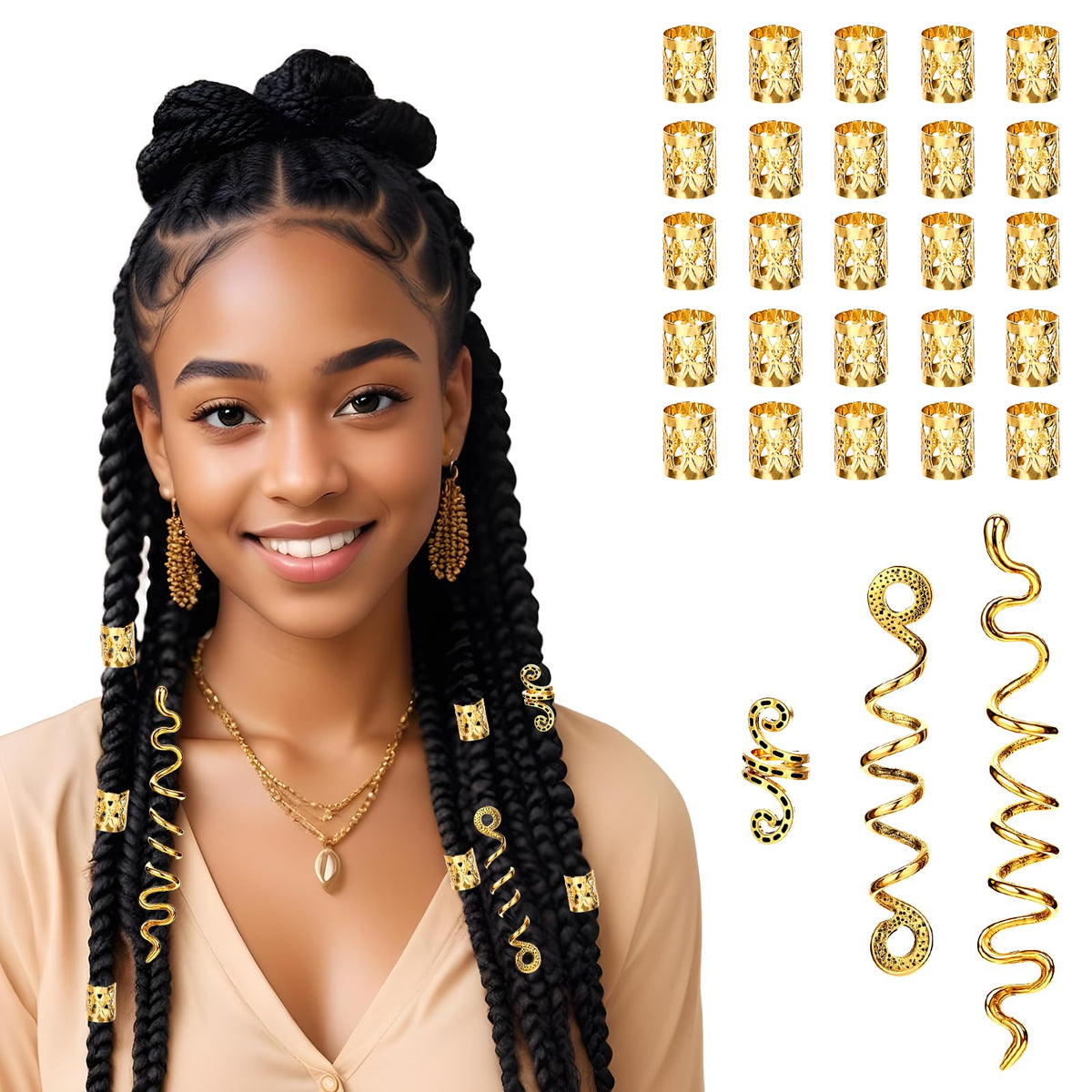 JJUNW 28 Pcs Hair Bands Gold Braid Beads Accessories Hair Accessories In Various Styles Metal Braid Headband Clips For Women Pirate Hair Accessories Cosplay And Daily Hair Accessories(Golden)