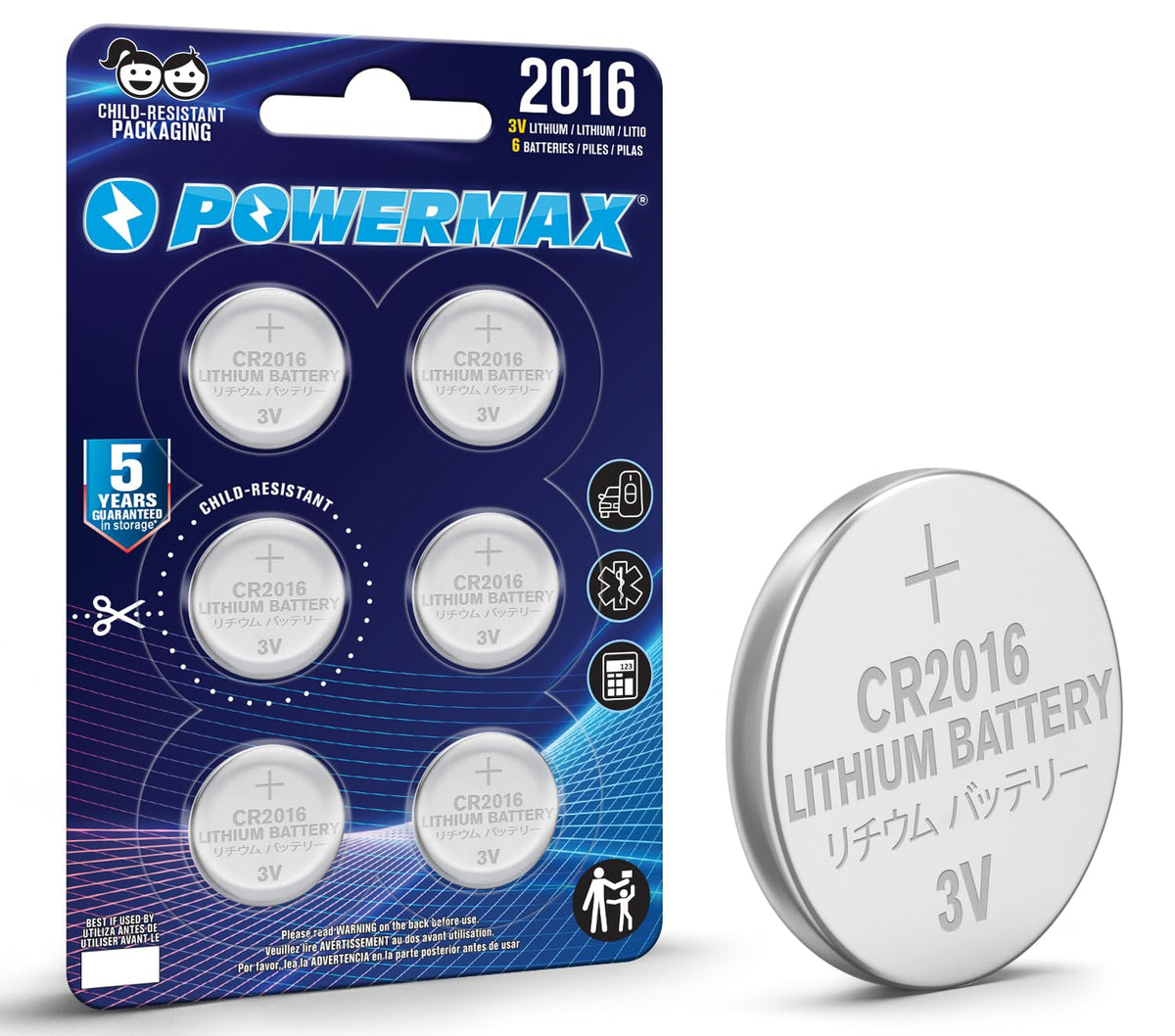 Powermax CR2016 3V Lithium Coin Cell Battery Watch and Electronics Button Batteries 6-Count