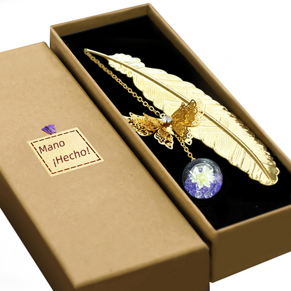 Chinese Style Metal Feather Bookmark with Preserved Flowers
