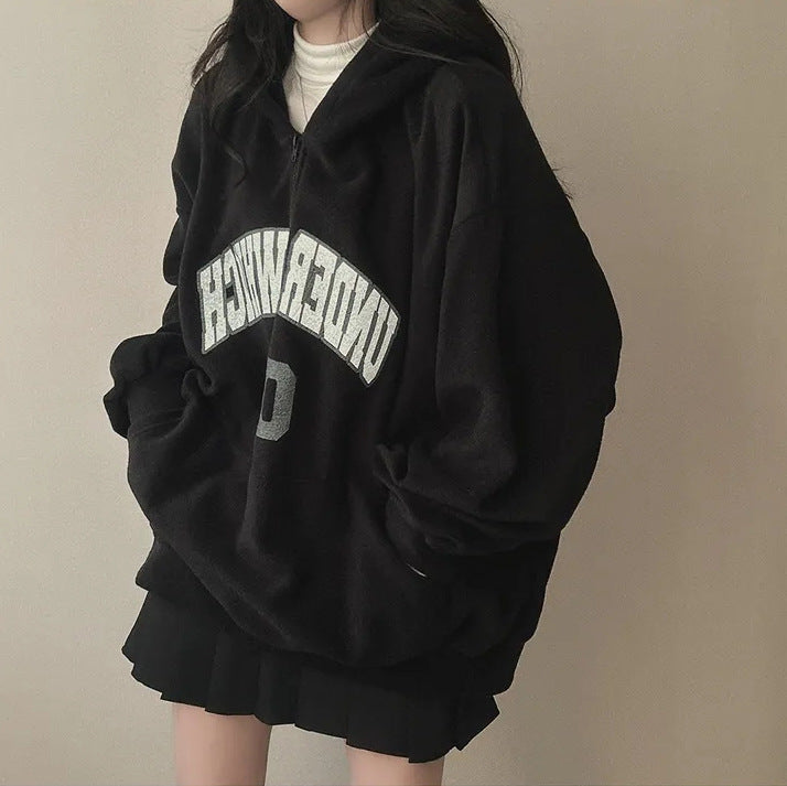 Thick Fleece-Lined Women's Letter Zipper Hoodie