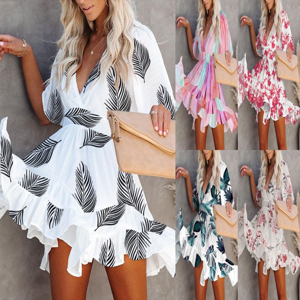 V-neck Printed Slimming Dress with Big Hem