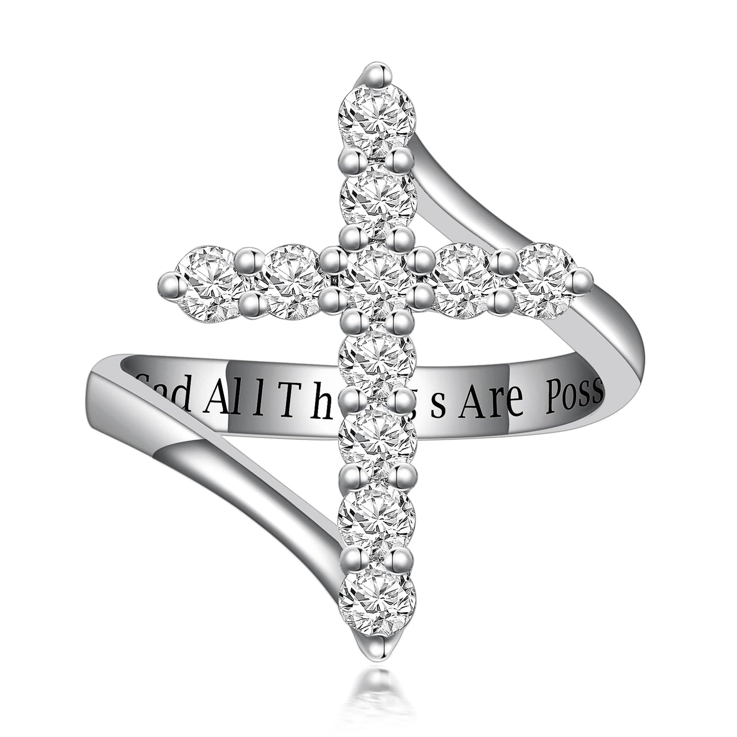 PEIMKO Baptism Gifts Moissanite Cross Ring in 925 Sterling Silver Moissanite Band Ring Faith Hope Religious Jewelry White Gold With God All Things Are Possible Size 8