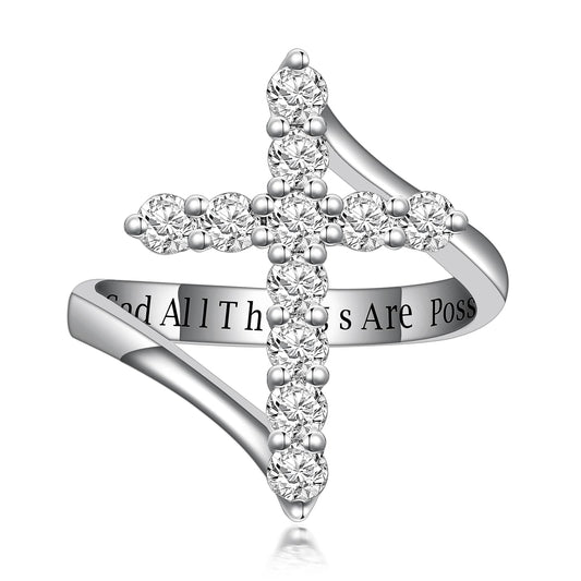 PEIMKO Baptism Gifts Moissanite Cross Ring in 925 Sterling Silver Moissanite Band Ring Faith Hope Religious Jewelry White Gold With God All Things Are Possible Size 8