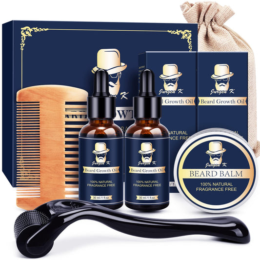 Jurgen K Beard Growth Kit - Beard Kit for Men with Beard Growth Oil (2 Packs) Balm Comb Beard Massager for Patchy Beard Birthday & Valentines Day Gifts for Him Boyfriend Husband