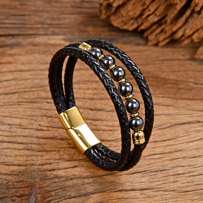 Vintage Stainless Steel Leather Braided Bracelet
