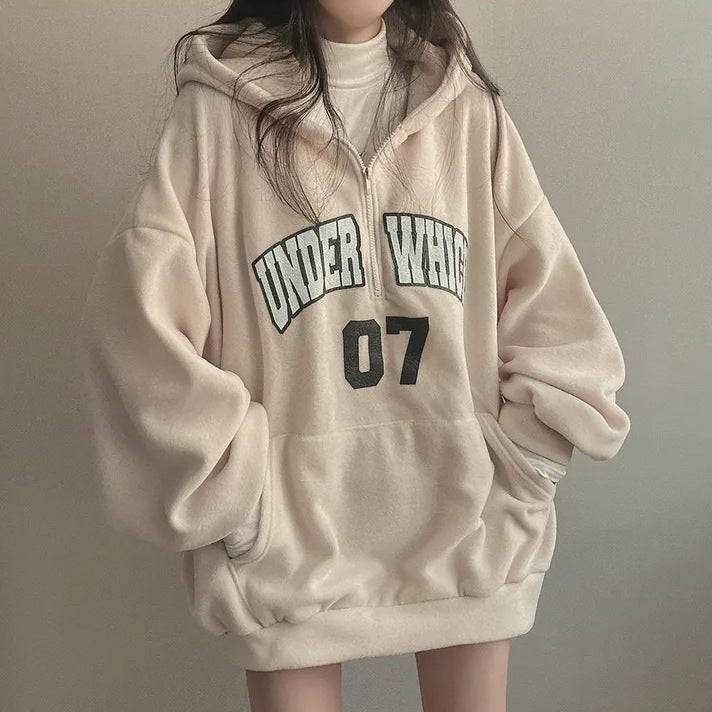 Thick Fleece-Lined Women's Letter Zipper Hoodie