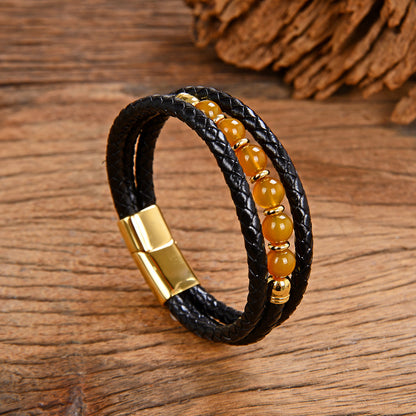 Vintage Stainless Steel Leather Braided Bracelet