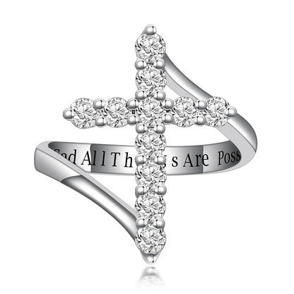 PEIMKO Baptism Gifts Moissanite Cross Ring in 925 Sterling Silver Moissanite Band Ring Faith Hope Religious Jewelry White Gold With God All Things Are Possible Size 8
