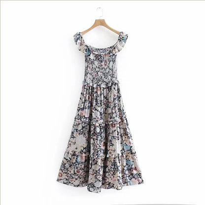 Bohemian Floral Print One-Shoulder Beach Dress