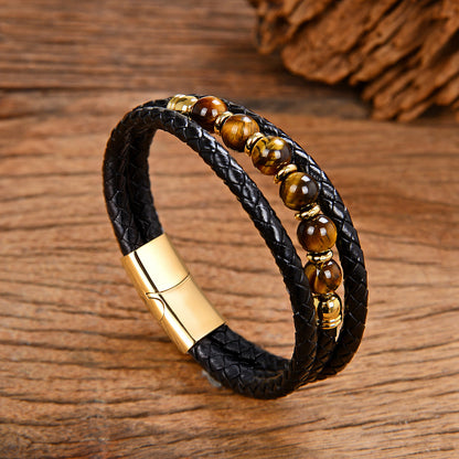 Vintage Stainless Steel Leather Braided Bracelet
