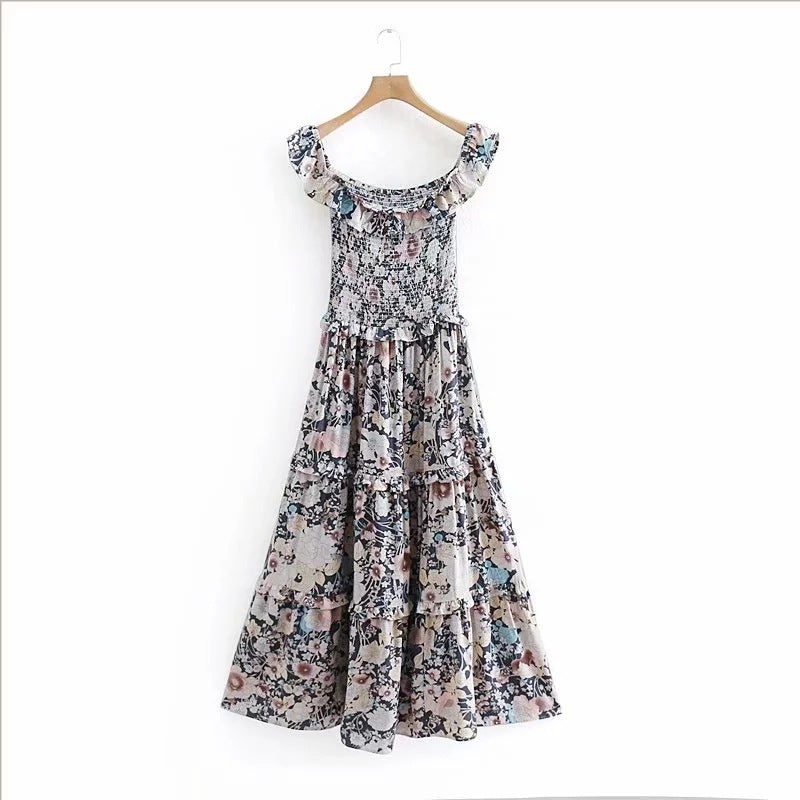 Bohemian Floral Print One-Shoulder Beach Dress