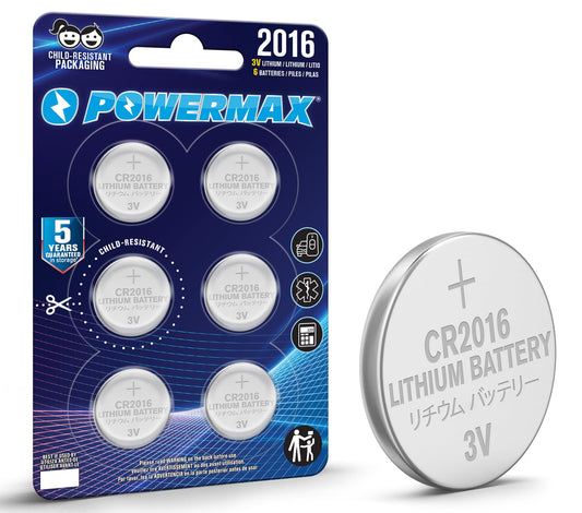 Powermax CR2016 3V Lithium Coin Cell Battery Watch and Electronics Button Batteries 6-Count