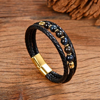 Vintage Stainless Steel Leather Braided Bracelet